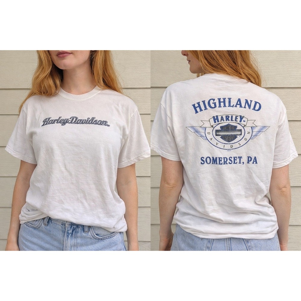 Harley Davidson 90s 100% Cotton Womens Large Graphic T-Shirt White Blue 90s Y2K